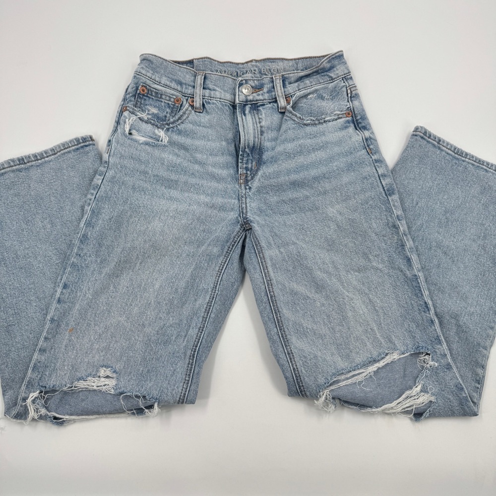 American Eagle Stovepipe Jeans Womens 00 Short‎ Light Wash Distressed High Rise